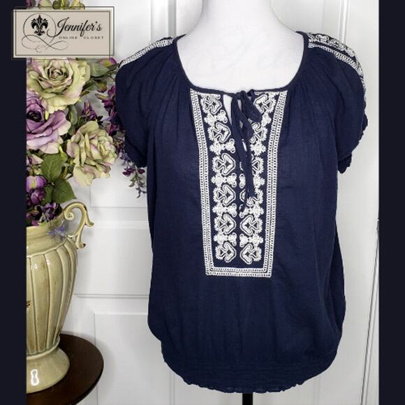 3/$25 Tommy Hilfiger Women's Navy Blue w/White Embroidery Front Tie Top Size L - Picture 1 of 10